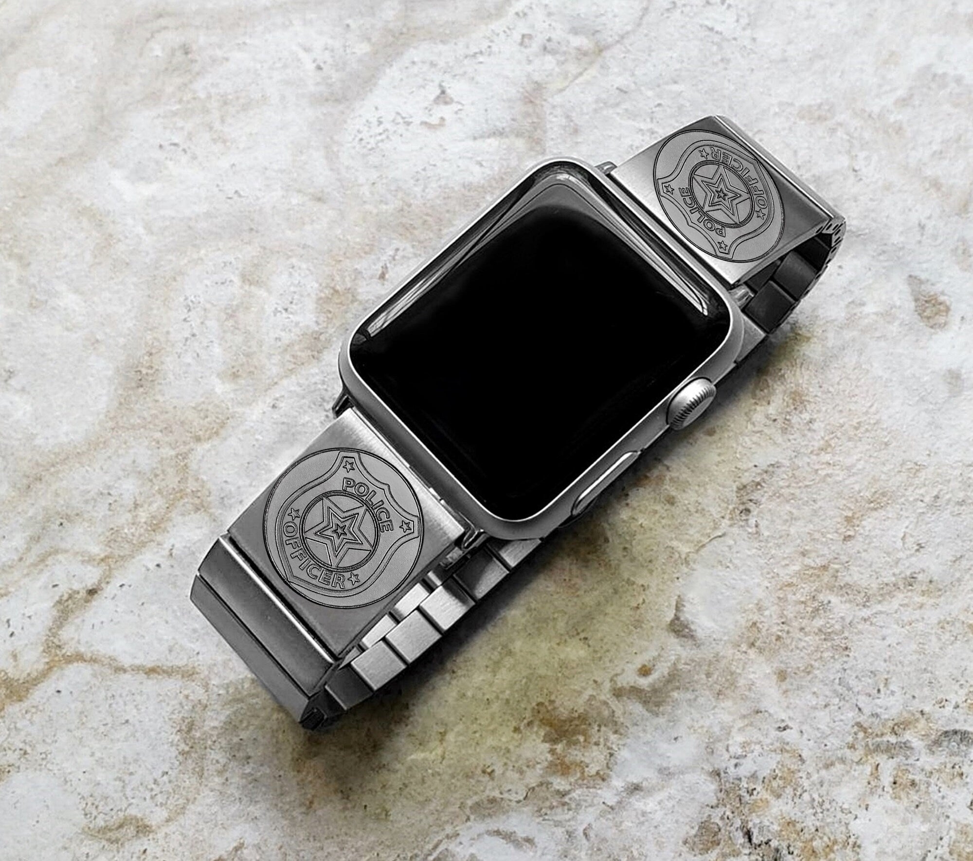 Police Badge Engraved Band Compatible with Apple Watch Ultra 2 9 8 7 SE 6 5 4 3 2 Case 38mm 40mm 41mm 42mm 44mm 45mm 49mm St Steel Strap PB4